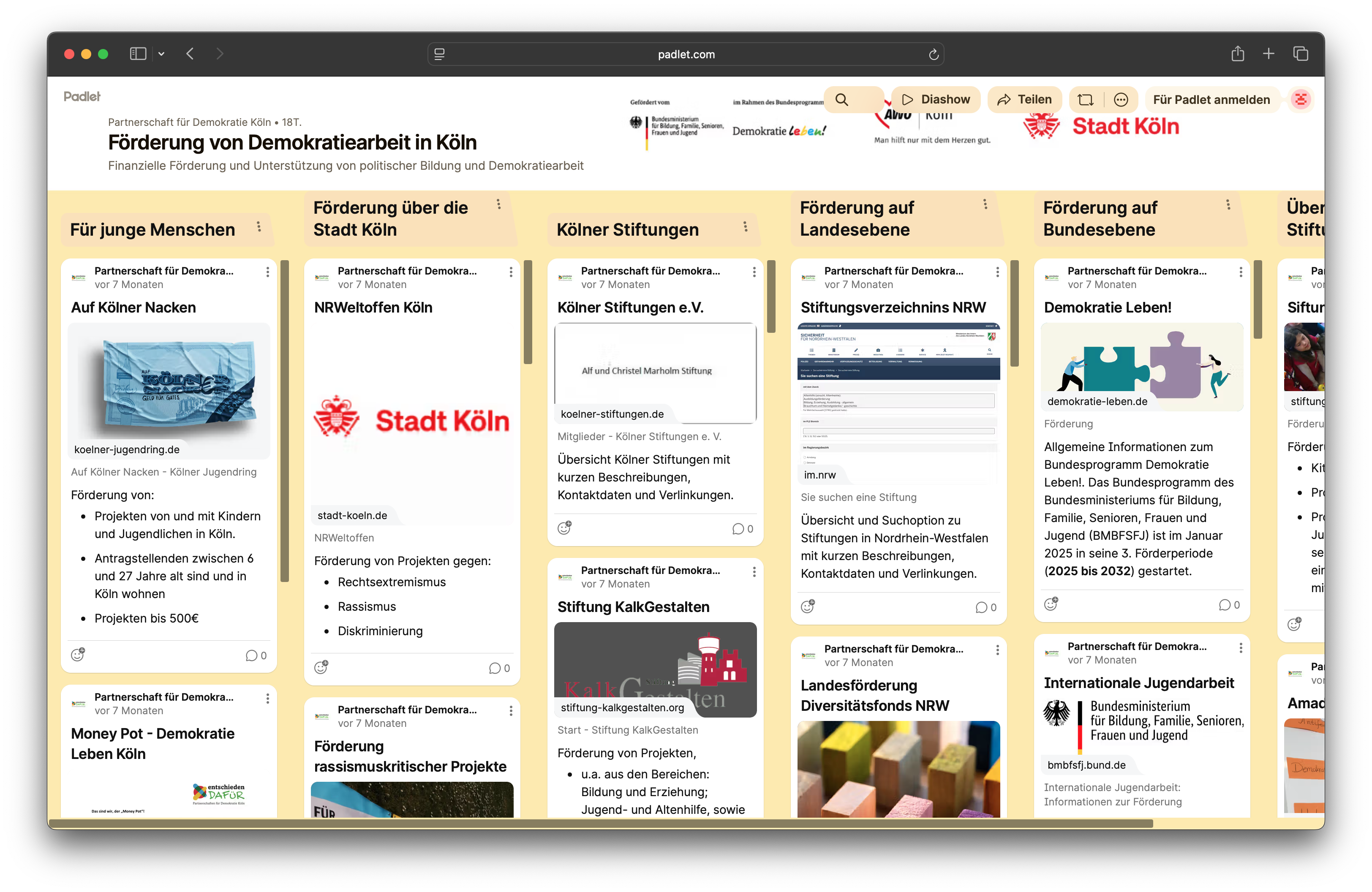 Padlet Förderung von Demokratiearbeit in Köln